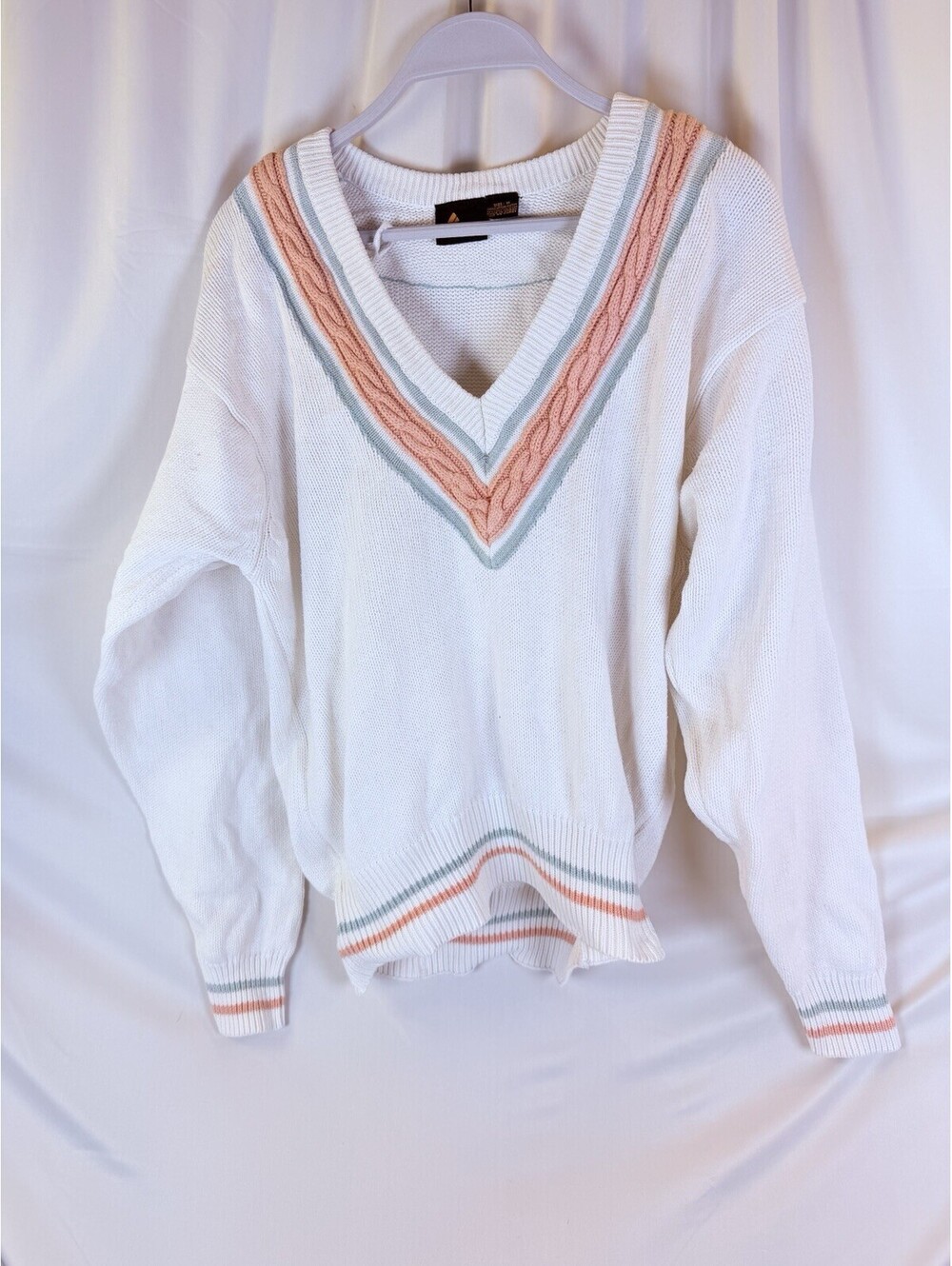 Liz Claiborne Cable Knit V-Neck Sweater White Peach Green M Preppy Vintage Y2K